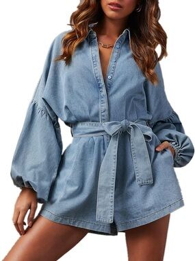 Blue Denim Belted Romper